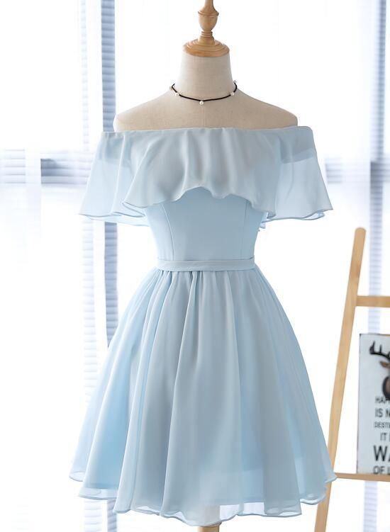 Simple Light Blue Off Shoulder Formal Dress 2019, Short Party Dresses