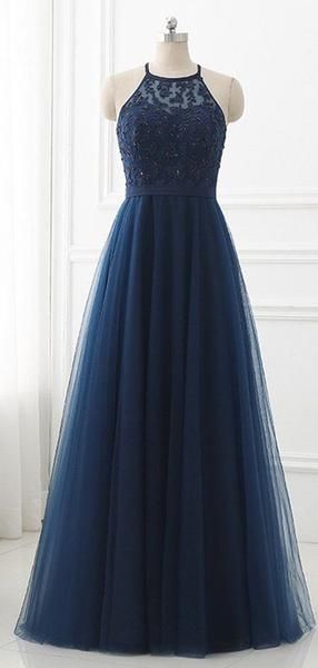 Simple Navy Blue Halter A Line Tulle Lace With Beading Long Prom Dresses, MD419