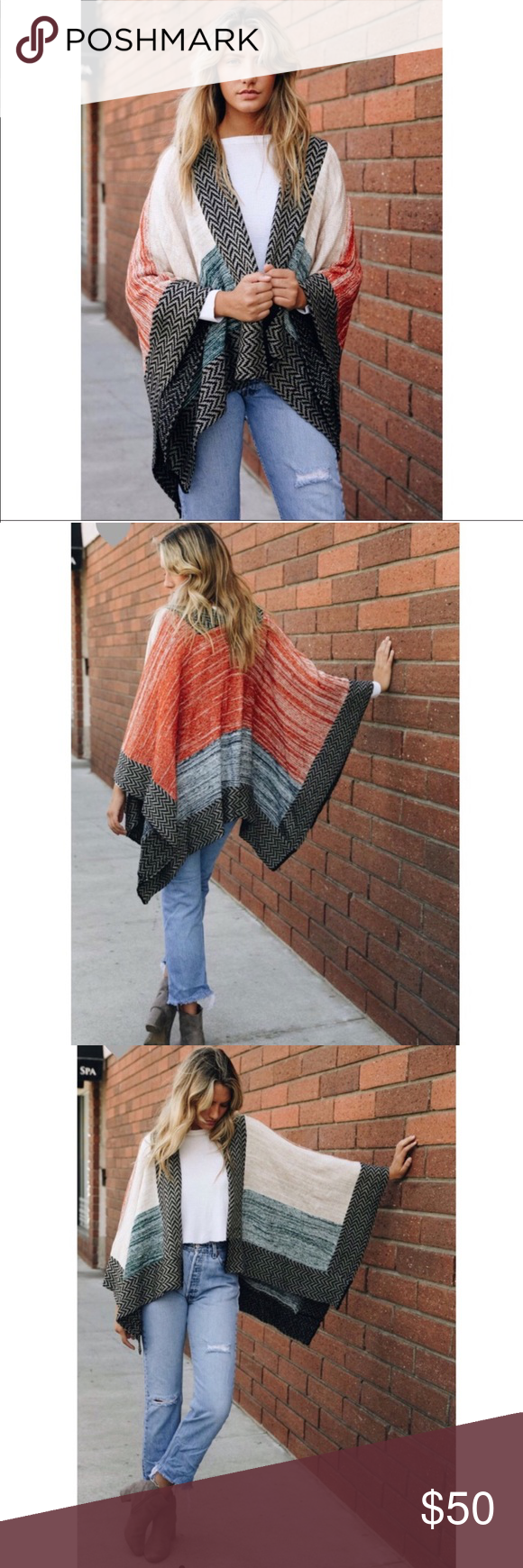 Space Knit Color Block Poncho ✨ Acrylic ✨ 25” x 46” ✨ One Size ✨ Red…