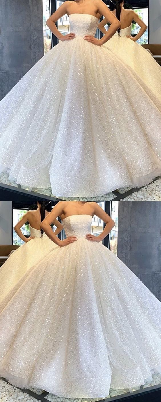 Sparkly Ball Gown Strapless Open Back White Sequins Long Prom Dresses,Girls Junior Graduation Gown ML2232