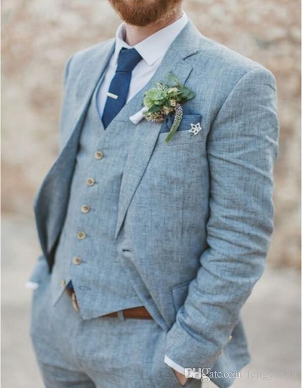 Spring Summer Light Blue Linen Men Suits Wedding Groom Tuxedos 2 Buttons Groomsmen Suit Jacket+Vest+Pants Beach Wedding Suit Mens White Dinner Jacket Mens White Suits From Fengyangg, $101.51| DHgate.Com