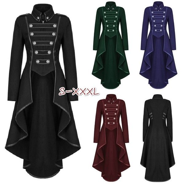 Steampunk Womens Military Coat Vintage Gothic Victorian Tailcoat Autumn Winter Ladies Army Uniform Jacket Medieval Long Sleeve Lapel Long Trench Coat Jacket Blazer Suits Women Fashion Halloween Cosplay Outwear