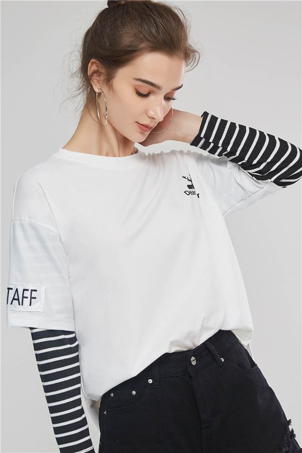 Stripe Long Sleeve Double-Layer Patchwork Women’s T-Shirt