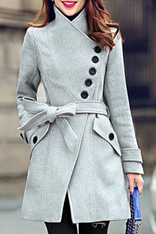 Stylish Turn-Down Collar Long Sleeve Zip Up Spliced Women’s Belted Coat