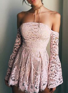 Sweet Pink Lace Off The Shoulder Homecoming Dress,Long Sleeves Mini Homecoming Graduation Dress,Strapless Short Prom Party Dress for Teens