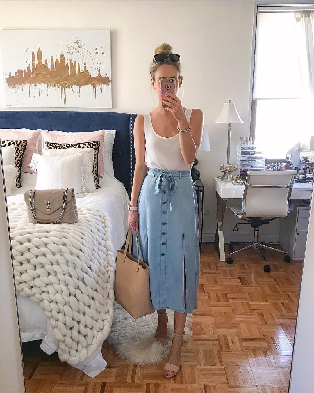 Traded in my skinny jeans for a denim midi skirt this weekend  The fabric on thi…