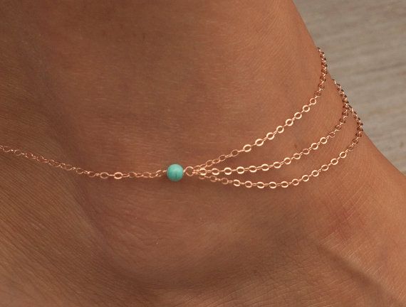 Turquoise Bead Layered Chain Anklet, Sterling Silver or Gold Filled