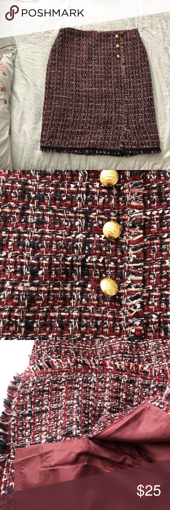 Tweed skirt Skirt, maroon, navy blue, cream… gold buttons on left side. Lined….