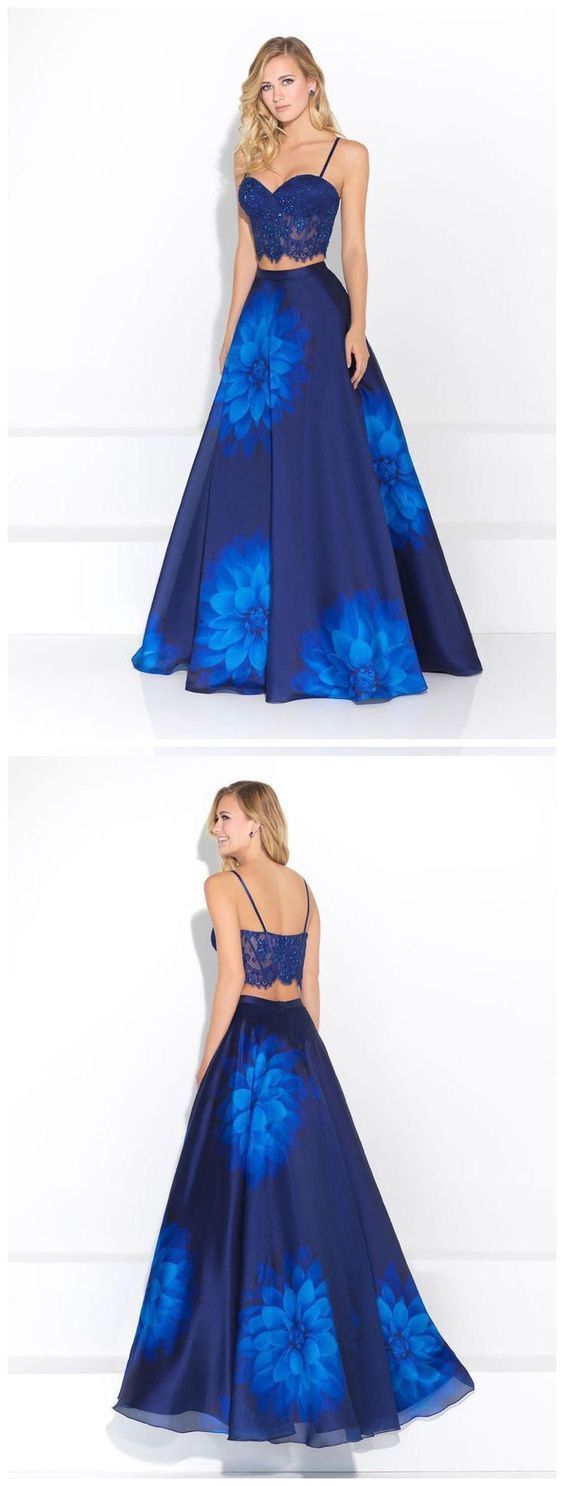 Two Pieces Prom Dress A-line Royal Blue Floral Lace Long Prom Dresses/Evening Dress