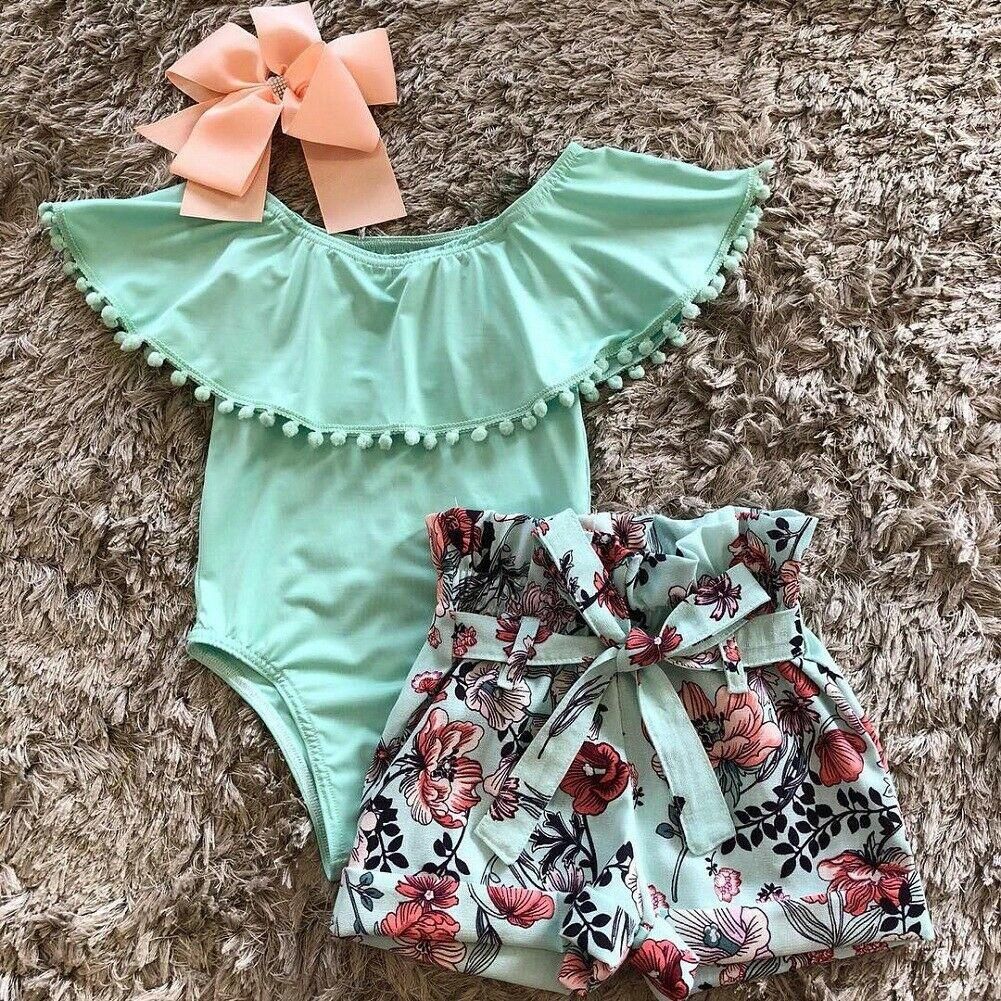US Newborn Kid Baby Girl Clothes Ruffle Romper Floral Shorts Summer Outfits Set