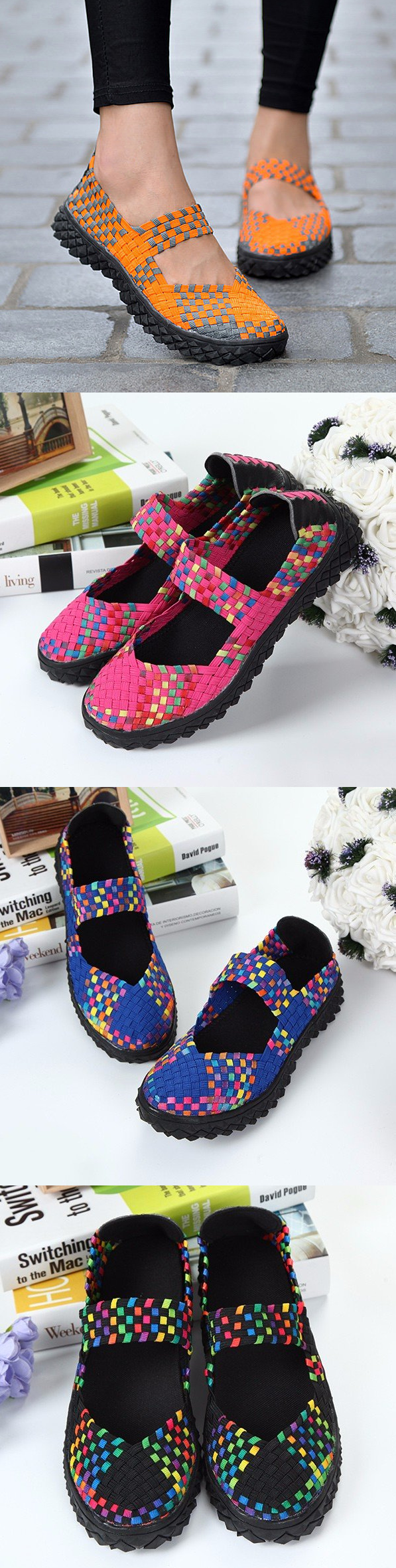 US$18.55 Color Match Knitting Elastic Handmade Slip On Flat Casual Outdoor Shoes