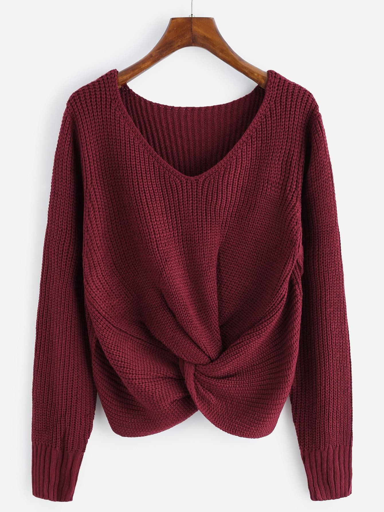 V-neckline Twist Front Chunky Sweater