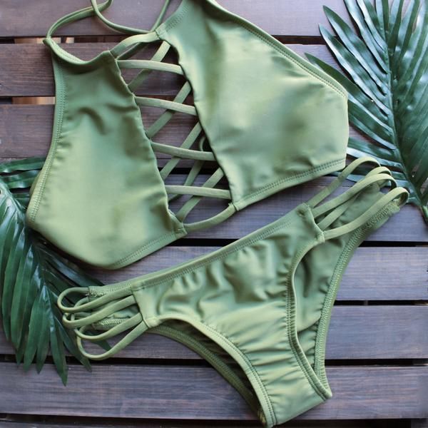 Venice high neck crop bikini set in olive green