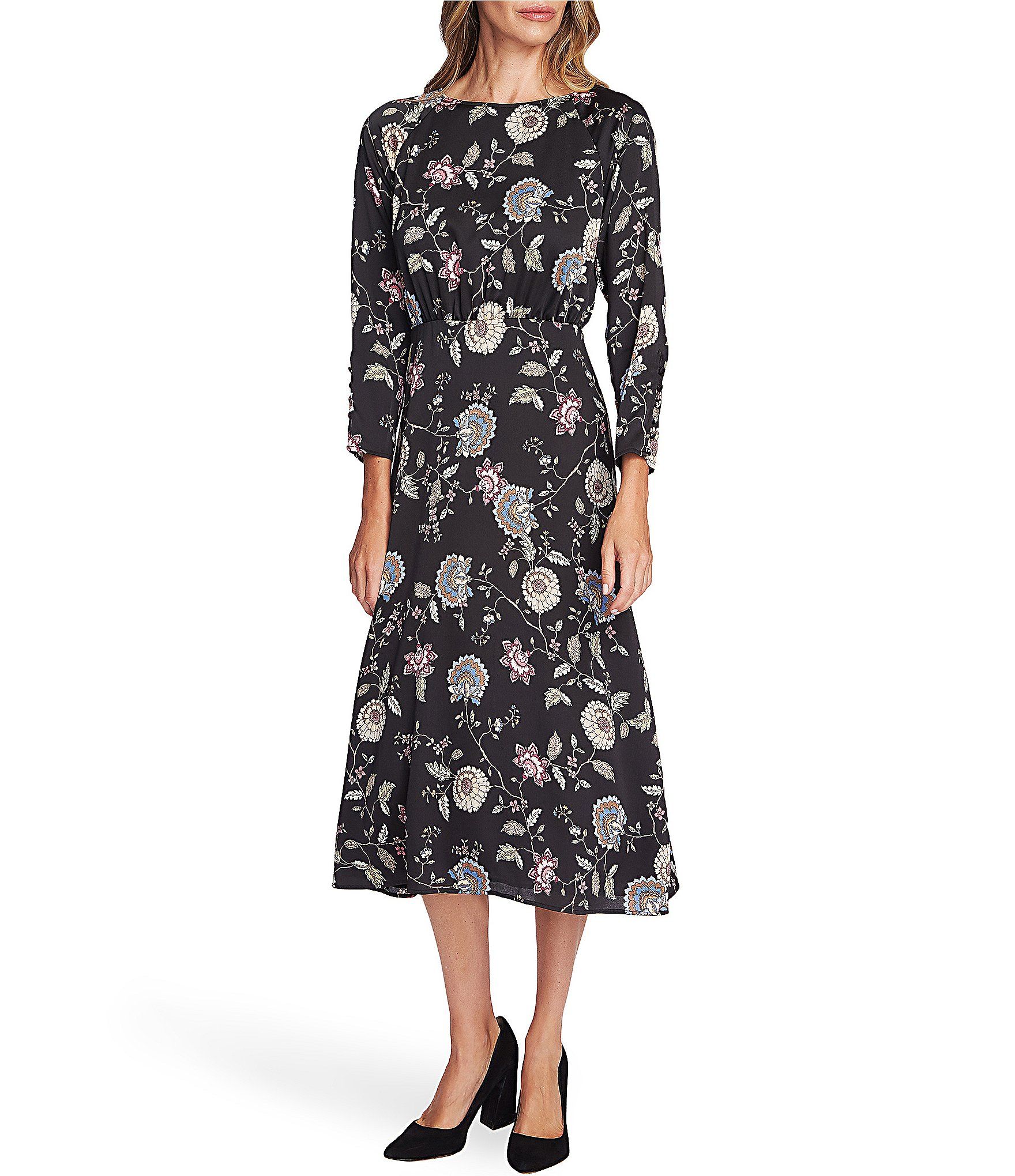 Vince Camuto Long Sleeve Floral Print A-Line Midi Dress – Rich Black 8
