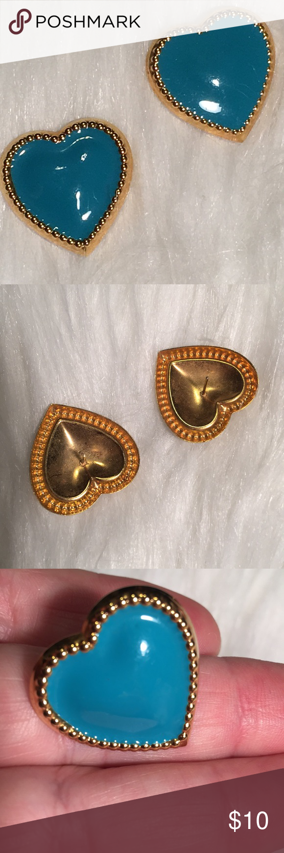 Vintage 1” Teal & Gold Heart Pierced Earrings 80’s Rock!! Excellent conditio…