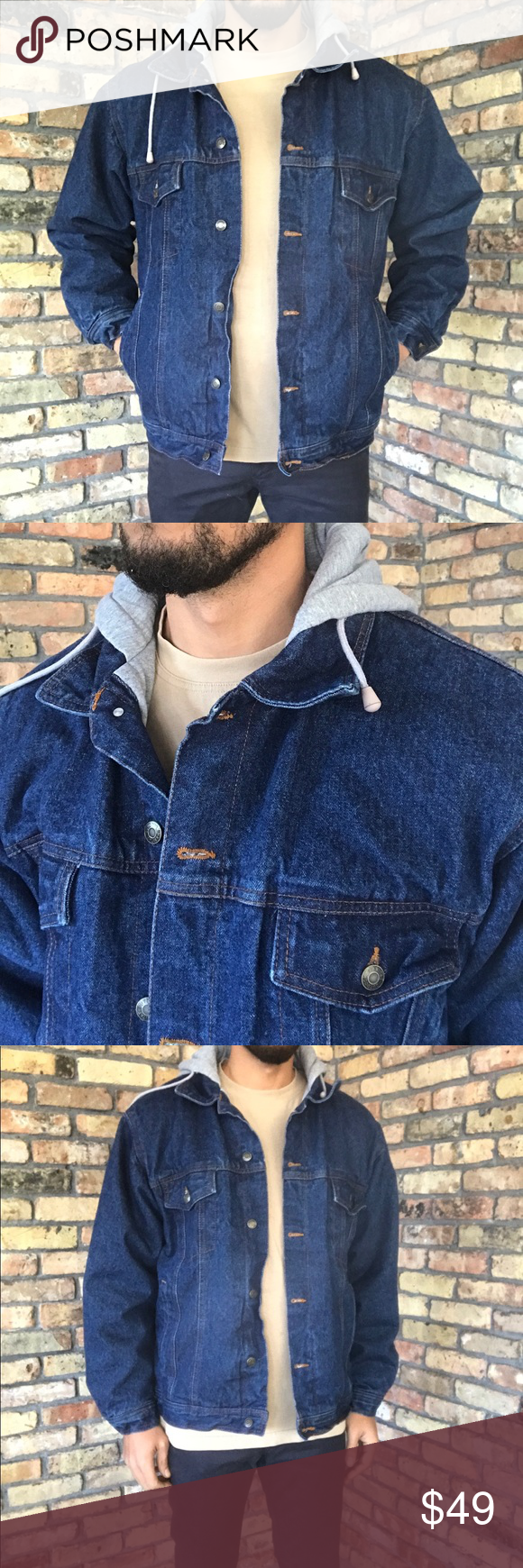 Vintage Jean Denim Hooded Lined Jacket Coat Cotton Thick Cotton Blue Jean Denim …