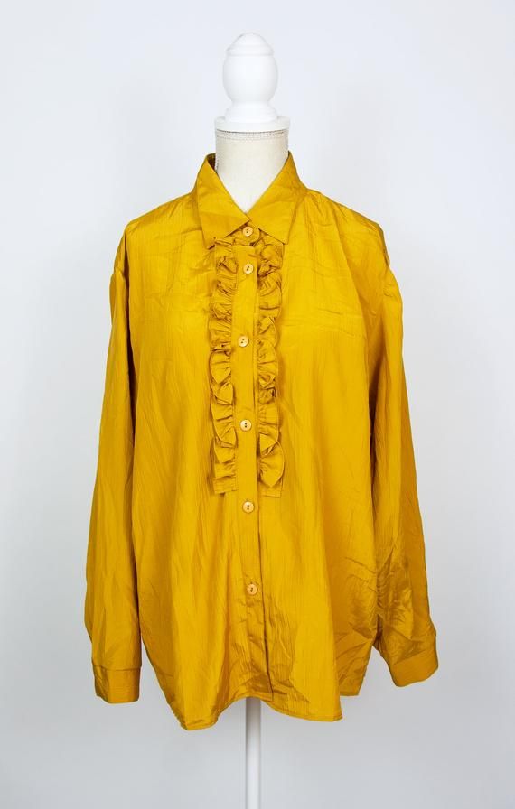 Vintage Mustard Blouse | 80s Statement Blouse Ruffle Blouse Vintage Yellow Blouse Puffy Sleeve Blous