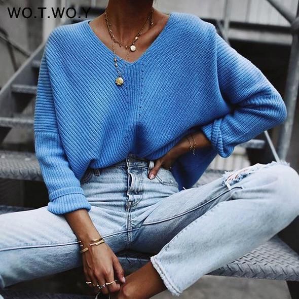 WOTWOY Autumn Winter Knit Pullovers Women Long Sleeve Basic Cashmere Sweater Women Pullover Knitted Casual Blue Female Jumper