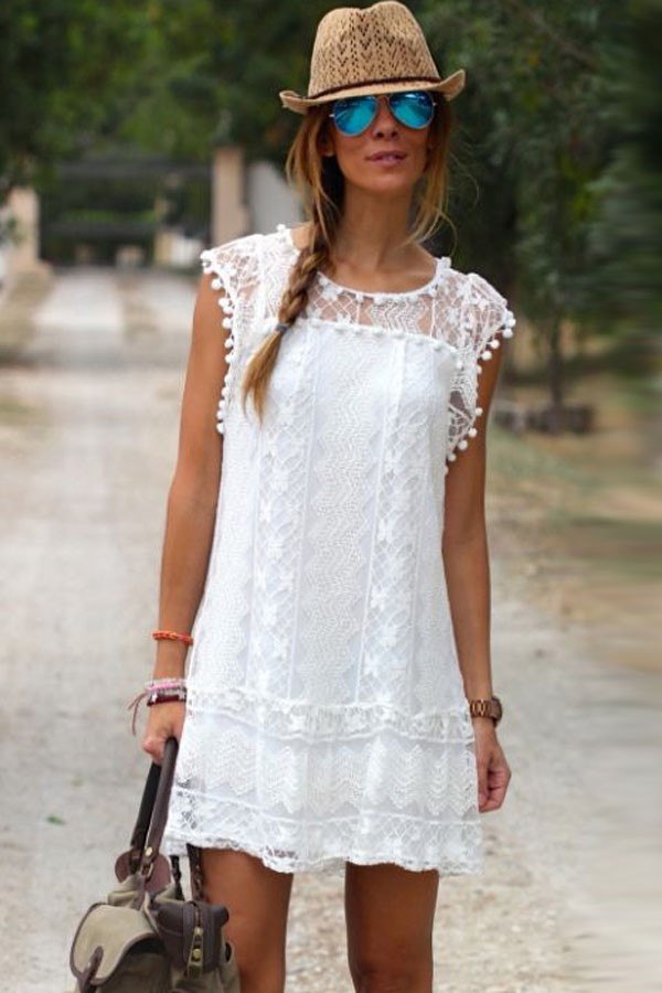 White Fringe Trim Crochet Lace Casual Dress