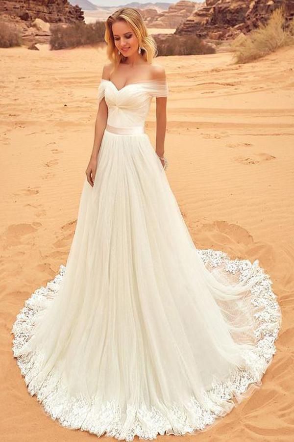 White Off Shoulder Wedding Dresses with Sweep Brush Train, SW102