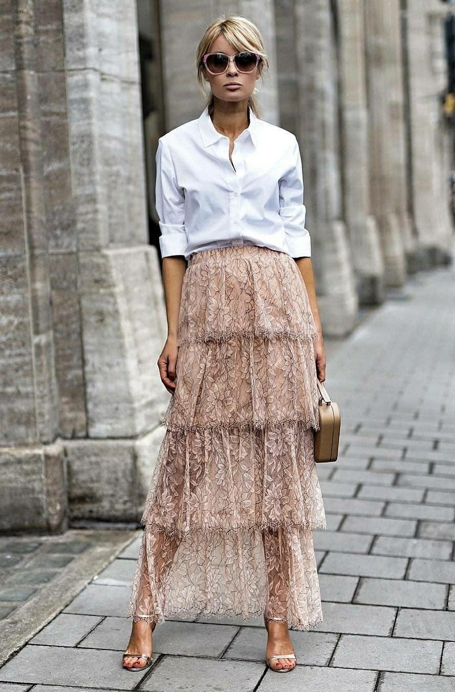 White button up + lace skirt