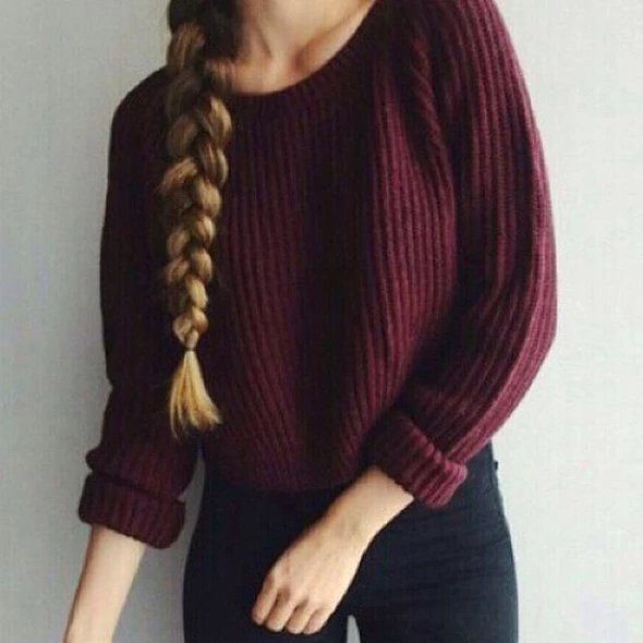 Women Sweater Long Sleeve Loose Pullover Knitted Sweater Short Jumper Knitwear Thin Female Autumn Sweater Women WineRed Pullover