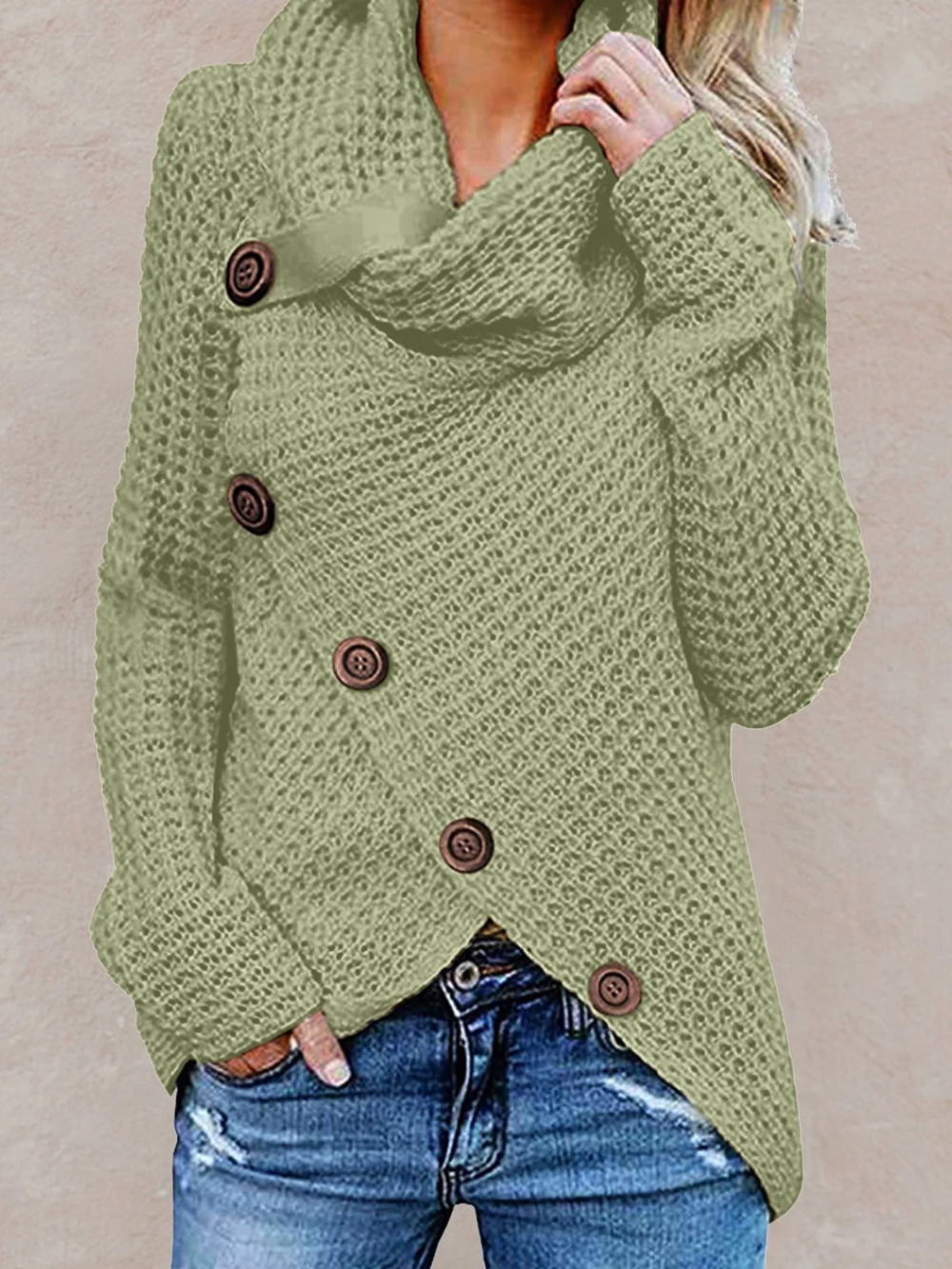 Women Unique Long-sleeve Turtleneck Wool Collar Irregular Sweater