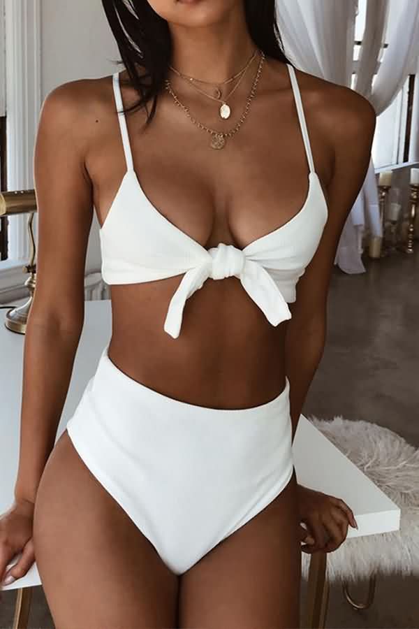 Women White Spaghetti Straps Knotted High Waist Sexy Brazilian Bikini – S