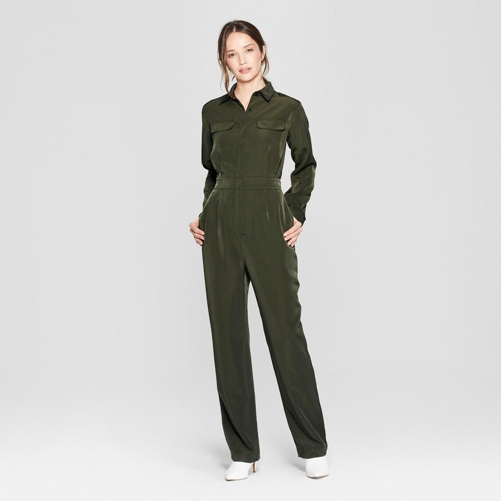 Women’s Long Sleeve Collared Utility Jumpsuit – Prologue Olive XS, Green