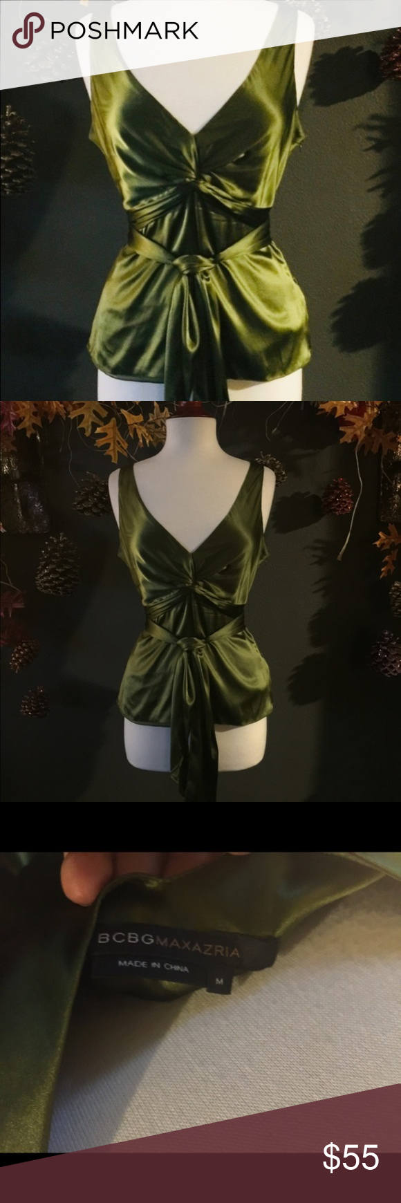 Womens Medium green silk v-neck sleeveless blouse Women’s Medium green silk v-ne…