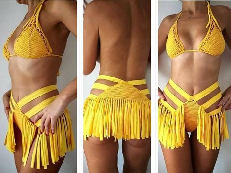 Yellow Swimwear, Crochet Bikini, Festival Lingerie, Two Piece Swimsuit, Yellow Crochet Swimsuit, Cruise Outfit, Resort Wear, Fringe Bikini