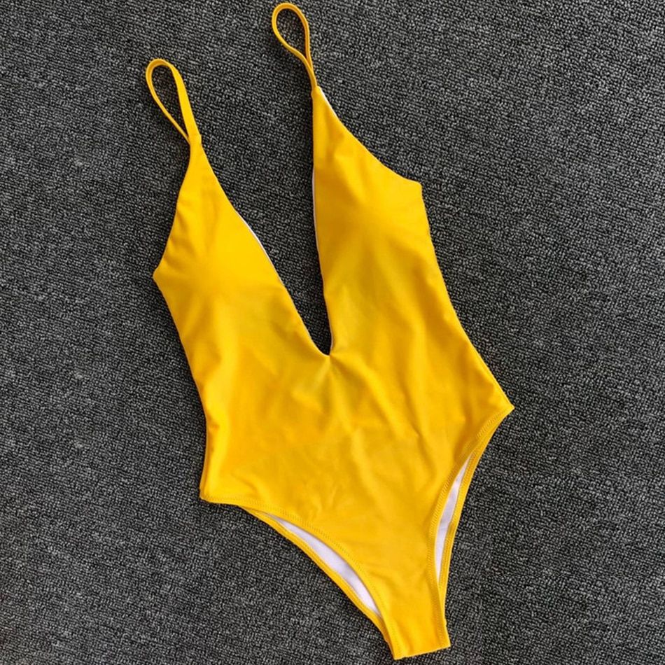 Yellow Swimwear One Piece Swimsuit Women Deep V Bodysuit Push Up Swimming Suit S…