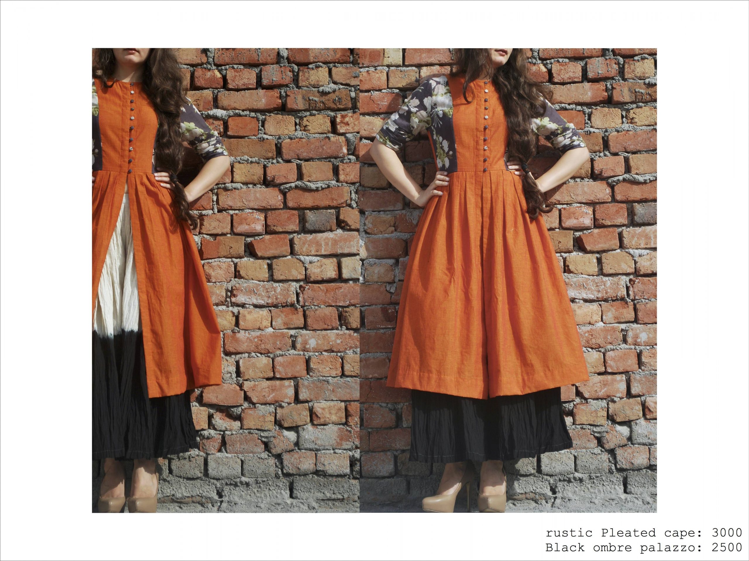 burnt orange box pleated cape, with black ombre textured palazzo #fusion #street…