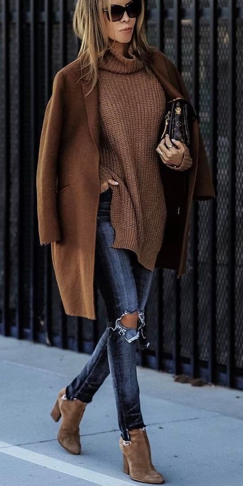 denim and brown outfit idea: fall fashion