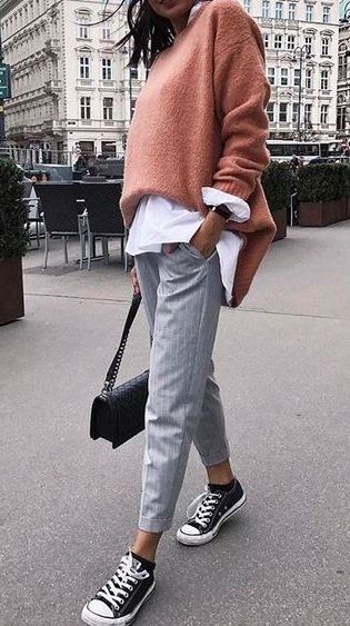 fall street style. tailored trousers. white shirt. knit jumper. sneakers. #style…