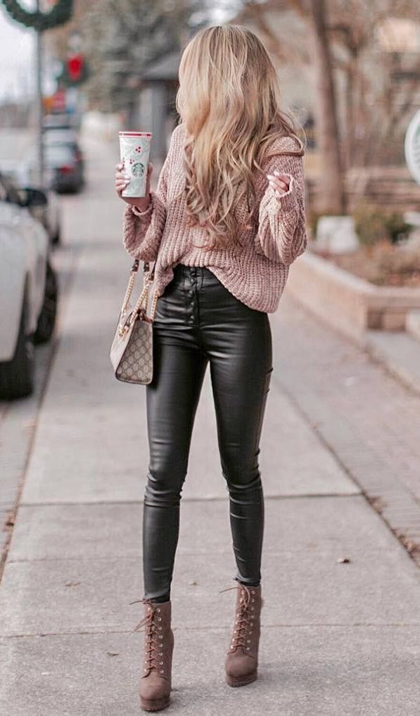 fashion trends | blush sweater bag leather skinnies boots