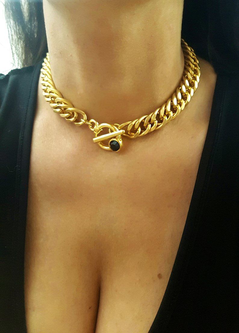 gold toggle clasp Necklace for women, thick links chain choker, statement chic choker, large o ring choker