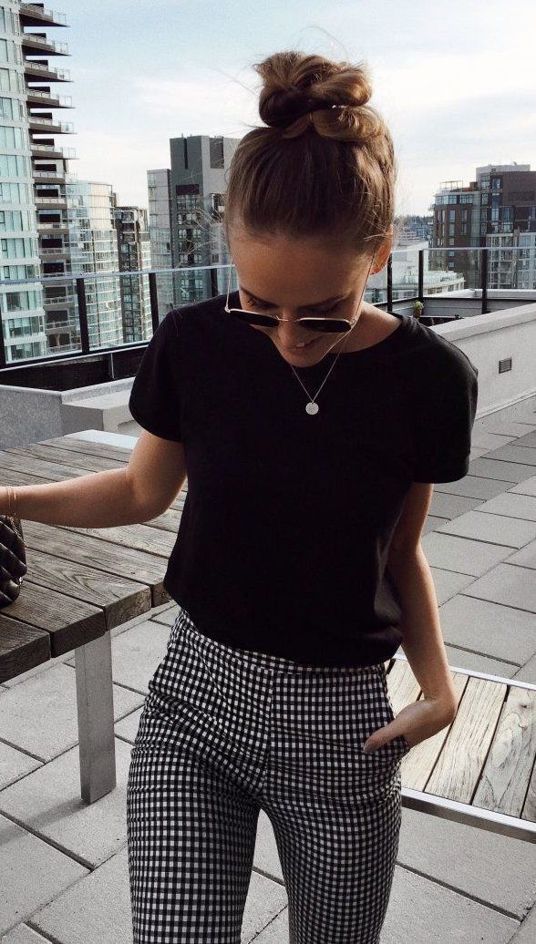 summer outfits Black Tee Gingham Pants #dressescasual -> SALE bis 70% auf Fashio…
