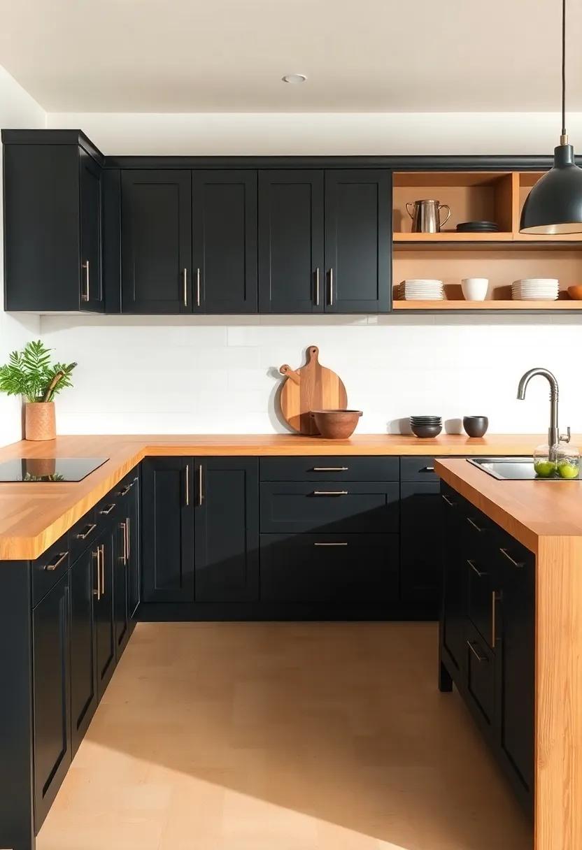 Elegant Contrast: The Striking Visual Appeal of Black⁤ Kitchen Cabinets Next‍ to Warm Butcher Block Surfaces