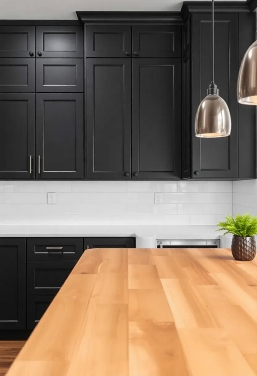 Textural Emphasis: Highlighting the Textures of Black Doors and Butcher Block ⁣Countertops